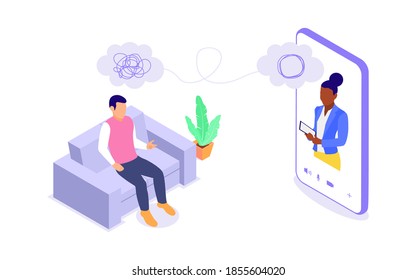 Online psychological counseling concept. A woman provides psychological assistance to a man. Flat vector isometric illustration isolated on white background.