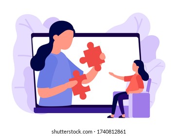 Online psychological counseling woman in distance on laptop. Puzzle metaphor to solve problem, think. Online psychological assistance service, psychologist. Psychotherapy, consulting patient. Vector