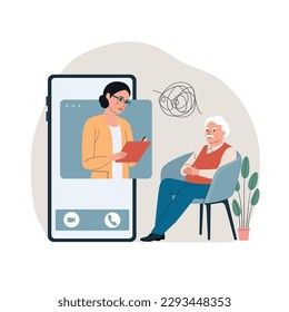 Online psychological help. Sad elderly man talking with psychologist on the chair. Vector flat style illustration