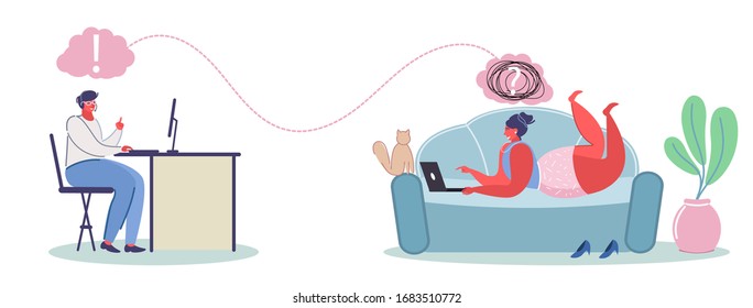 Online psychological help service, vector flat illustration. Psychotherapy session with professional online counselor psychotherapist counseling patient female having emotional, family problems etc.