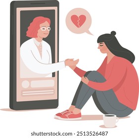 Serviço de apoio e ajuda psicológica on-line. psicóloga e sua paciente tendo uma chamada de vídeo. Conceito de psicoterapia online. Consulta à distância. Assistência médica mental. Ilustração isolada do vetor plano