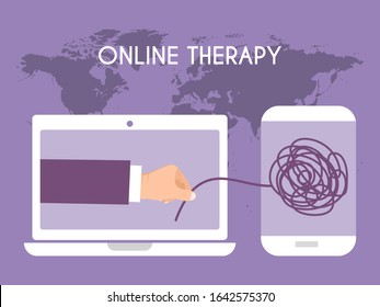 Online psychological help vector illustration. On line psychotherapy counseling concept. Human mental problem solutions. Hand untangle patients problems with depression across the world from laptop