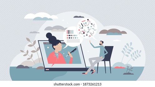 Online psychological help as videocall conversation tiny person concept. Mental problems support with distant therapy session and arranging confusion thoughts from chaos to clarity vector illustration