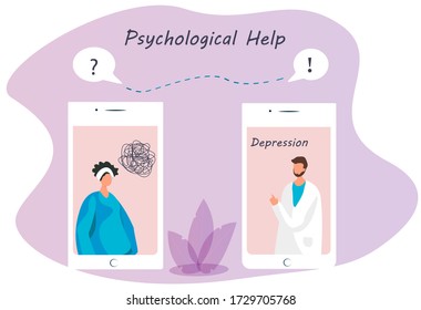 Online Psychological Help.Psychologist Doctor Helps Patient to Unravel Tangled Thoughts.Psychotherapist Counseling Online.Patient Female Having Emotional Problems,Mental disorder.Vector Illustration
