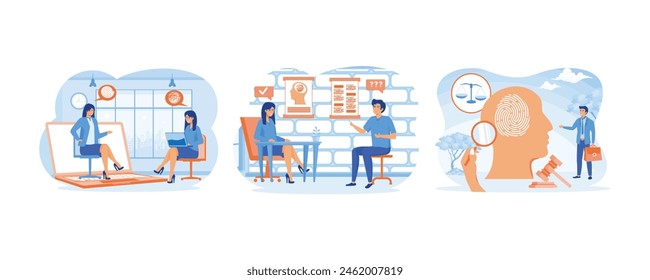 Online psychological. Male character at psychotherapist appointment. Forensic psychology as interrogation person concept. Set flat vector modern illustration 