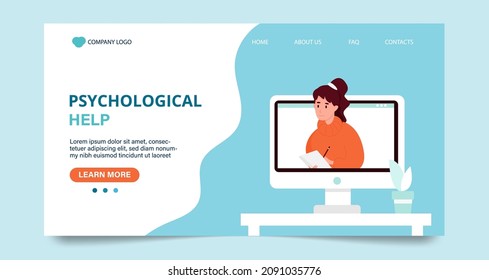 Online psychological support, landing page template. Mental health concept. Vector illustration in flat style