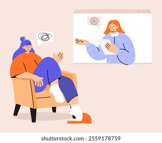  Online Psychological Therapy Session. Psychologist online.  psychological help, psychiatrist consulting patient. Client and Therapist Communication.