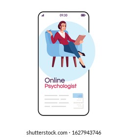 Online psychologist cartoon smartphone vector app screen. Psychology consultation. Psychotherapy. Mobile phone display with flat character design mockup. Application telephone cute interface
