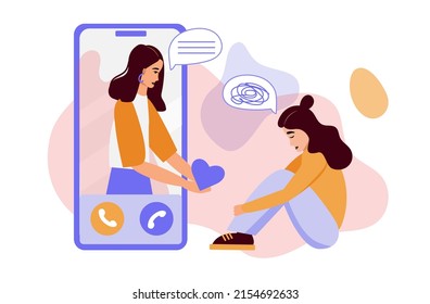 Online psychologist consultation.  Doctor with heart and patient discussing problems, using smartphone for distance talk. Vector illustration for counselling, therapy, psychology, support concept.