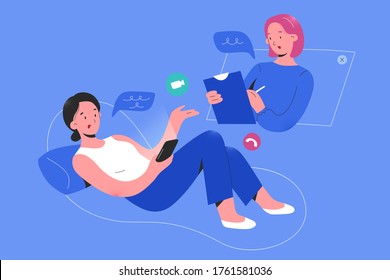 Online psychologist consulting a woman patient via smartphone app video call, psychotheraphy service, online psychological help service, therapy session, flat vector cartoon illustration