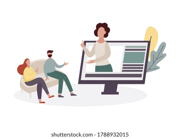 Online Psychologist And Couples Therapy Session - Virtual Therapist Woman Doing Marriage Counseling To Cartoon People At Home From Screen, Isolated Vector Illustration.