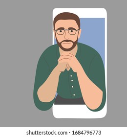 Online psychologist, a man with glasses. Psychological assistance by video call on the phone. Vector flat illustration.