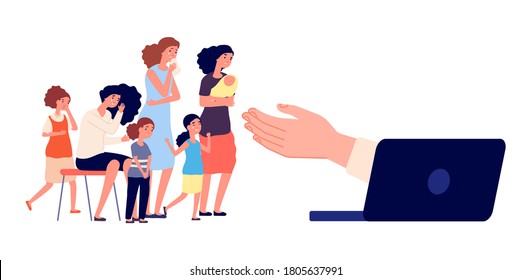 Online psychologist support. Crying female group, victims of harassment, violence and bullying. Depressed adult woman and girls. Psychotherapy web help service vector illustration