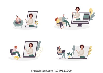 Online Psychologist Or Therapist Website Concept - Cartoon People In Therapy Session With Virtual Counselor On Computer Or Phone Screen, Isolated Vector Illustration Set.