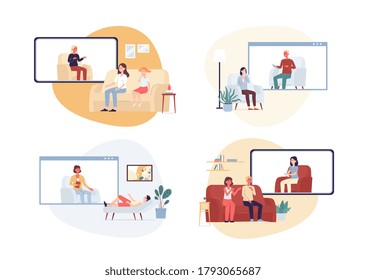 Online psychologist therapy set of people getting distance psychological consultation, flat vector illustration isolated on white background. Professional psychiatrist.