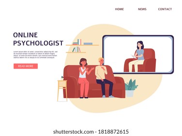 Online Psychologist Video Call Counseling - Website Banner Template With Cartoon Couple On Sofa At Home Using Virtual Therapist Consultation Service, Vector Illustration