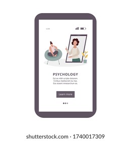 Online Psychology App Banner With Cartoon Psychologist On Smartphone Screen And Client At Home. Video Call Or Therapist Lecture Onboarding Poster, Isolated Vector Illustration.