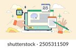 Online psychology classes to learn about thinking tiny neubrutalism concept. Psychologist occupation course in university website with remote seminars, training and lessons vector illustration.