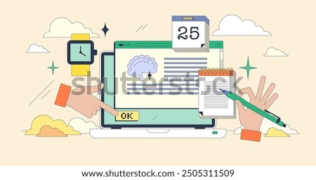 Online psychology classes to learn about thinking tiny neubrutalism concept. Psychologist occupation course in university website with remote seminars, training and lessons vector illustration.