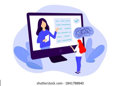 Online psychology consultation via internet concept. Remote psychological assistance flat style vector illustration. 