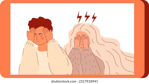 Online psychology help. Panic attack of woman, man concept vector. Depression, sadness, mental health. 