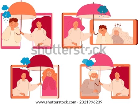 Online psychology help vector set. Anxiety, crisis, tears, exhaustion of human. Symptoms of depressive disorder. Depression, sadness, mental health. Panic attack of people. Doctor of psychiatry