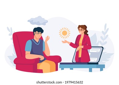 Online Psychology Help. Virtual Psychologist Therapy Session. Depressed Man Get Mental Support Therapist By Video Call, Vector Concept. Illustration Support Mental Online, Psychologist Consultation