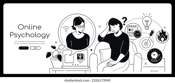 Online psychology - modern line design style banner with copy space for text. Composition with girl feeling tired, burnout and suffering from problems. Psychologist helps with stress