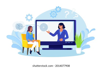 Online psychology. Psychologist doctor helps patient to unravel tangled thoughts. Psychological problems, mental disorder, treatment of stress, addictions. Psychotherapy counseling. Vector design