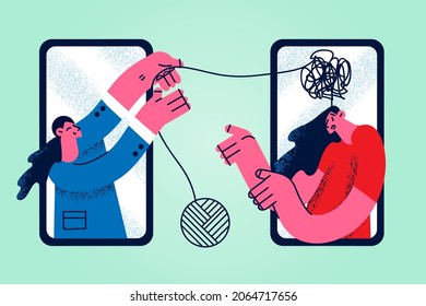 Online psychology and support vector illustration. Smartphones screens with young woman psychologist doctor helping to make mind clear of girl patient vector illustration 