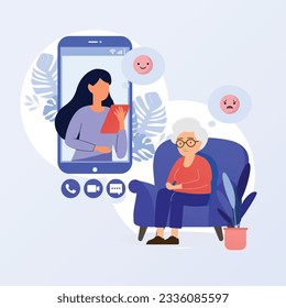 Online Psycholotherapy concept. Sad elderly woman talking with psychologist on the chair. Vector flat style illustration