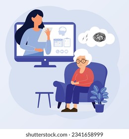 Online Psycholotherapy concept. Sad elderly woman talking with psychologist on the chair. Vector flat style illustration