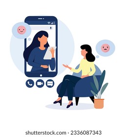 Online Psycholotherapy concept. Sad woman talking with psychologist on the chair. Vector flat style illustration