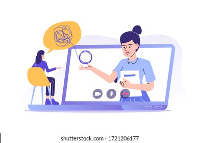 Online Psychotherapy Concept. Female Psychotherapist Helping Patient By Video Call. Sad Woman Talking To Psychologist. Psychological Counseling Services. Therapy Session. Isolated Vector Illustration