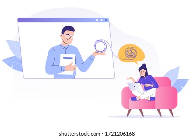 Online psychotherapy concept. Male psychotherapist helping patient by video call. Woman talking to psychologist. Psychological counseling services. Therapy session. Isolated modern vector illustration