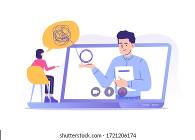 Online Psychotherapy Concept. Male Psychotherapist Helping Patient By Video Call. Woman Talking To Psychologist. Psychological Counseling Services. Therapy Session. Isolated Modern Vector Illustration