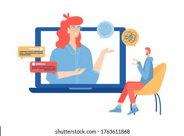 Online Psychotherapy Concept. Psychological Counseling Internet Service. Remote Consultation. Mental Health Care. Vector Illustration. 