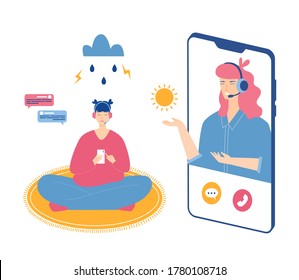 Online psychotherapy concept. Psychological counseling internet service. Remote consultation. Mental health care. Vector illustration. Vector illustration
