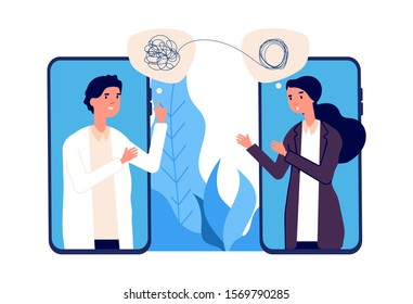 Online Psychotherapy Concept. Psychologist Doctor Helps Patient To Unravel Tangled Thoughts. Psychological Problems, Mental Disorder. Online Help Vector Illustration