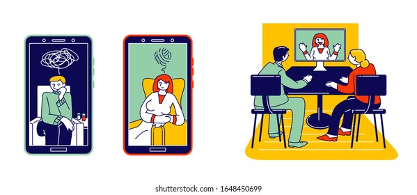 Online Psychotherapy Concept. Psychologist Doctor Help Patient to Unravel Tangled Thoughts. Family Couple with Problem Consulting with Psychologist Specialist. Cartoon Vector Illustration Line Art