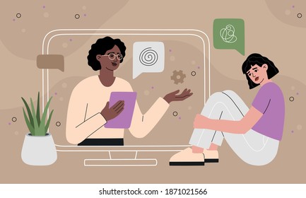 Online psychotherapy concept, sad young girl in depression sits at home for consultation with a personal psychotherapist. Help and support video call, virtual therapy conference. Vector illustration