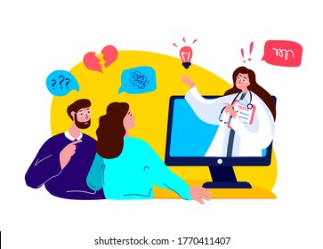 Online Psychotherapy Practice,Psychiatrist Internet Consultation.Worried Sad Dissapointed Couple,Man,Woman, Psychologist Session.Difficult Relationships.Family Crisis Treatment.Psychology Illustration