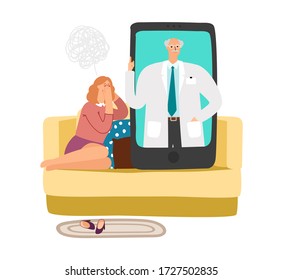 Online psychotherapy. Self isolation depression, woman crying on couch. Nervous period, life or family problems. Telemedicine vector illustration
