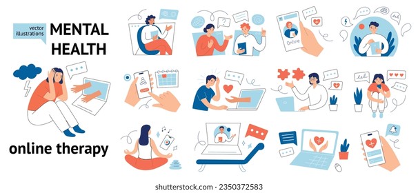 Online psychotherapy set, digital mental health , hand drawn set of vector illustrations with people using apps and therapy services, video consultations with psychologist, technology for self care