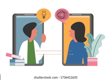 Online psychotherapy vector illustration. Psychologist doctor helps patient to unravel tangled thoughts. Psychological problems, mental disorder. Online help with smartphone 