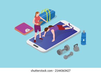 Online Pt Personal Trainer Coach With Smartphone And Some Exercise Tools With Modern Isometric Flat Style