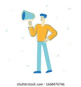 Online Public Relations, Affairs Concept. Male Character Shouting to Megaphone or Loudspeaker. Man Alert Advertising Campaign, Propaganda Speech, Pr Social Media Promotion. Linear Vector Illustration