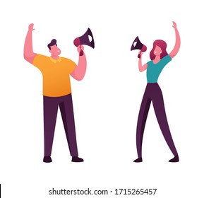 Online Public Relations and Affairs Concept. Man and Woman Characters Shouting to Megaphone or Loudspeaker. Alert Advertising Campaign, Propaganda Speech, Pr Promo. Cartoon People Vector Illustration