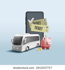 Online public transport tickets composition with 3d smartphone with shuttle bus and piggy safe illustration, digital application