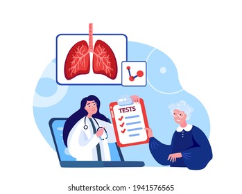 Online Pulmonologist Virologist Doctor Consultate Old Retired Woman Patient in Laptop. Internet Diagnosing Lungs,Trachea,Bronchi COVID,Pneumonia.Internet Treatment.Digital Medical Hospital Diagnostics
